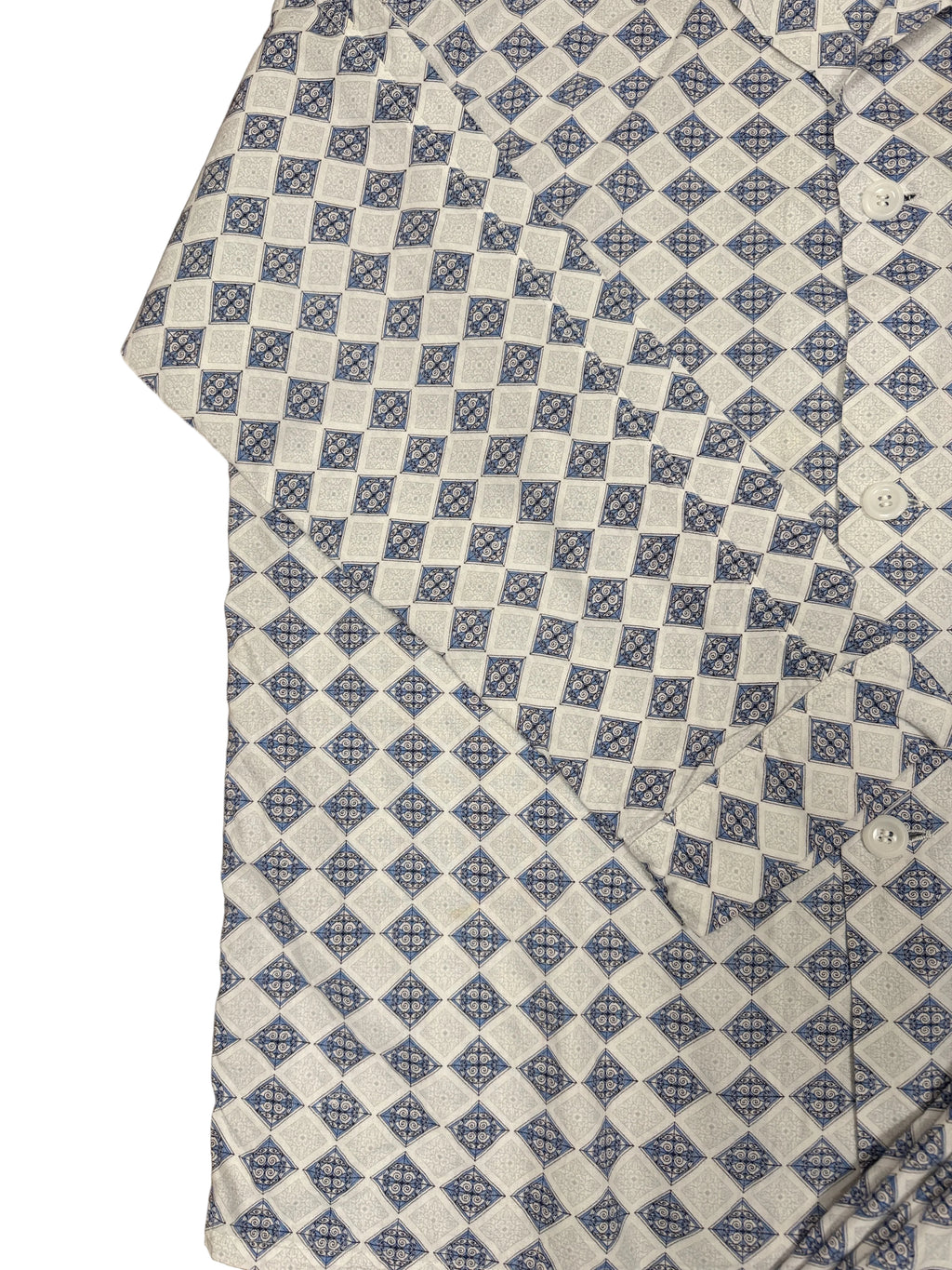 OMJ Vintage blue and white geometric diamond pattern cotton pajama shirt with button-down front and chest pocket