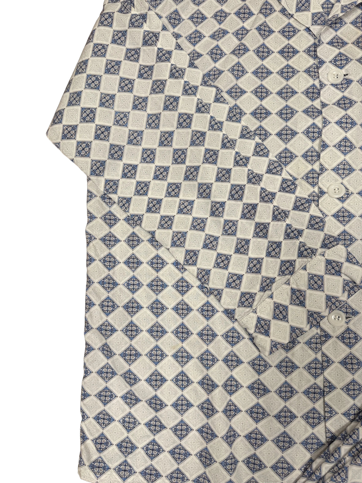 OMJ Vintage blue and white geometric diamond pattern cotton pajama shirt with button-down front and chest pocket