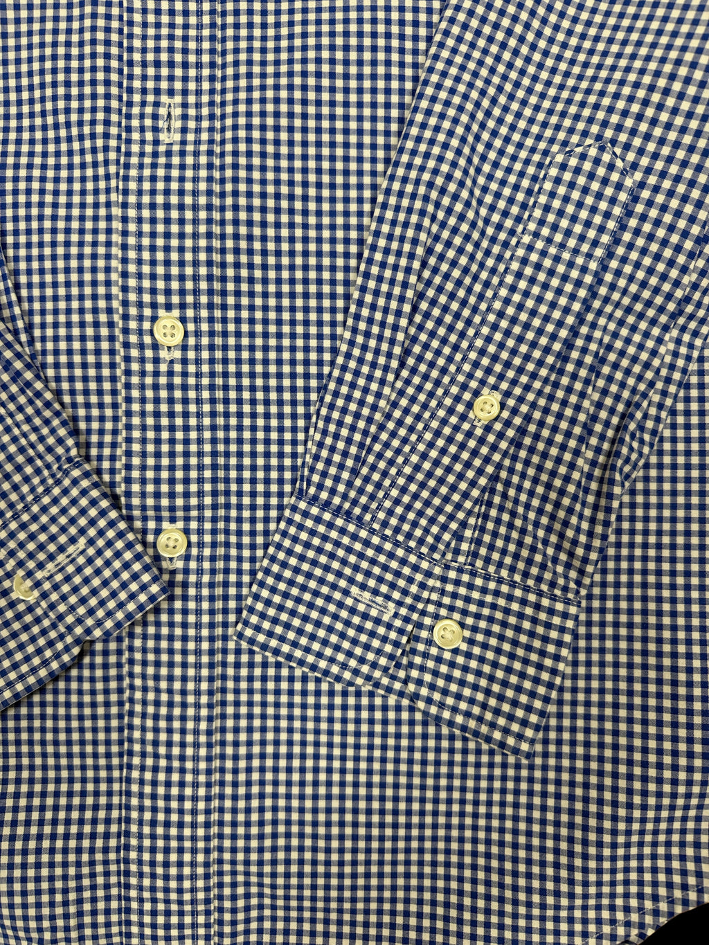 OMJ Vintage blue and white gingham cotton button-down shirt with long sleeves and adjustable barrel cuffs.