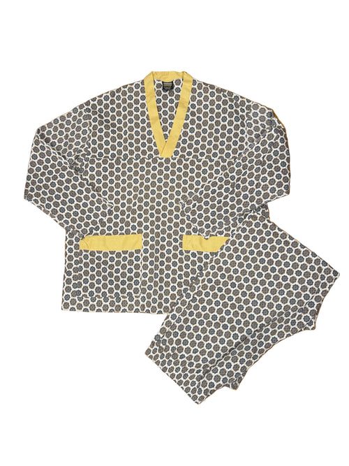 OMJ Vintage two-piece cotton pajama set with blue, brown, and white geometric pattern and yellow V-neck trim.