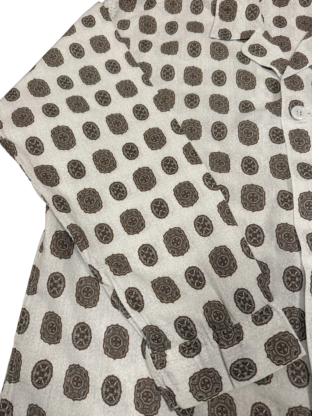 OMJ Vintage cotton pajama top featuring a brown and slate blue geometric medallion print on an off-white background.