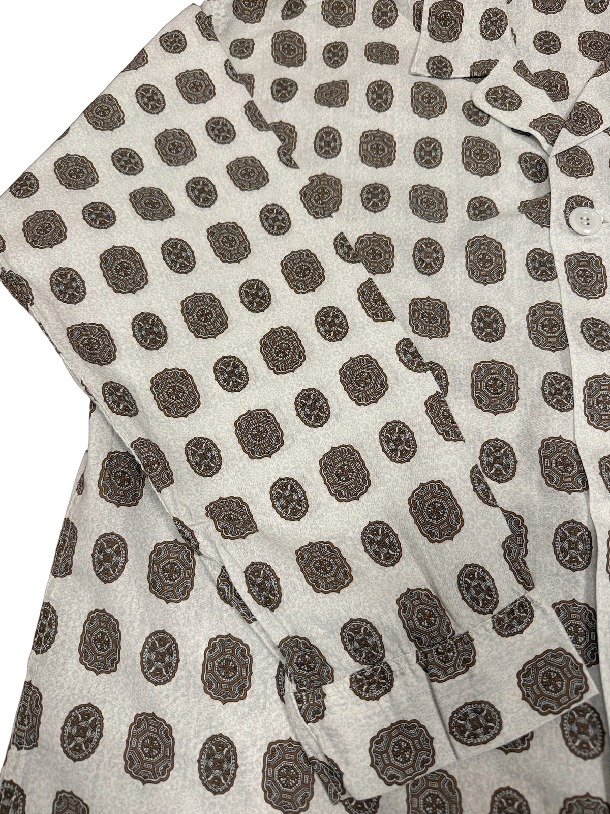 OMJ Vintage cotton pajama top featuring a brown and slate blue geometric medallion print on an off-white background.