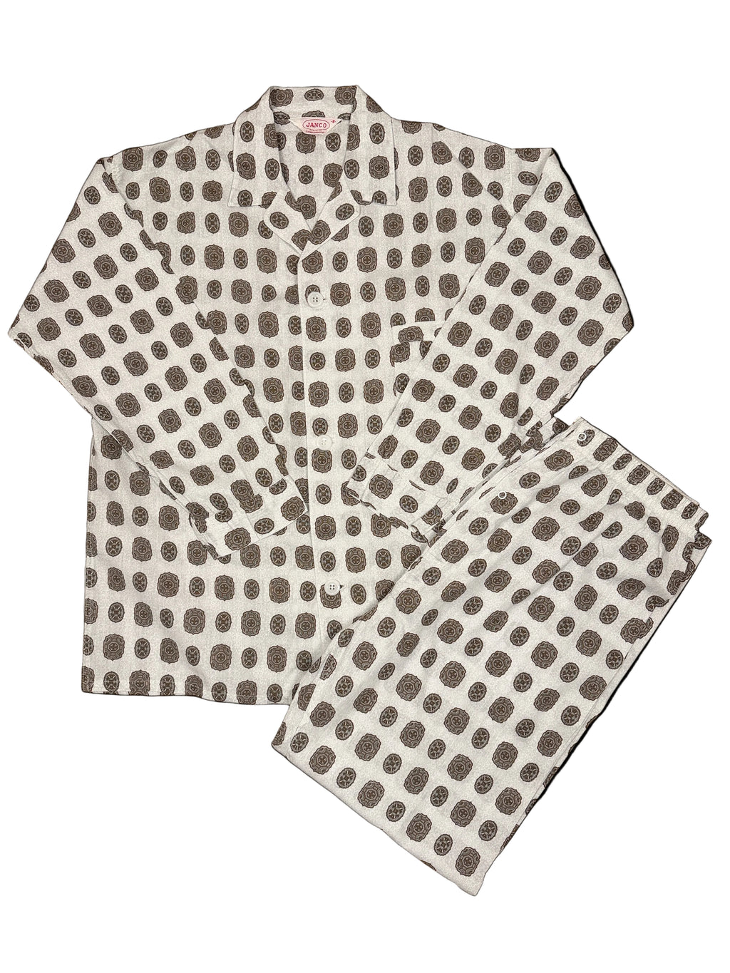 OMJ Vintage two-piece pajama set in off-white cotton with a brown and slate blue geometric medallion print.