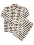 OMJ Vintage two-piece pajama set in off-white cotton with a brown and slate blue geometric medallion print.