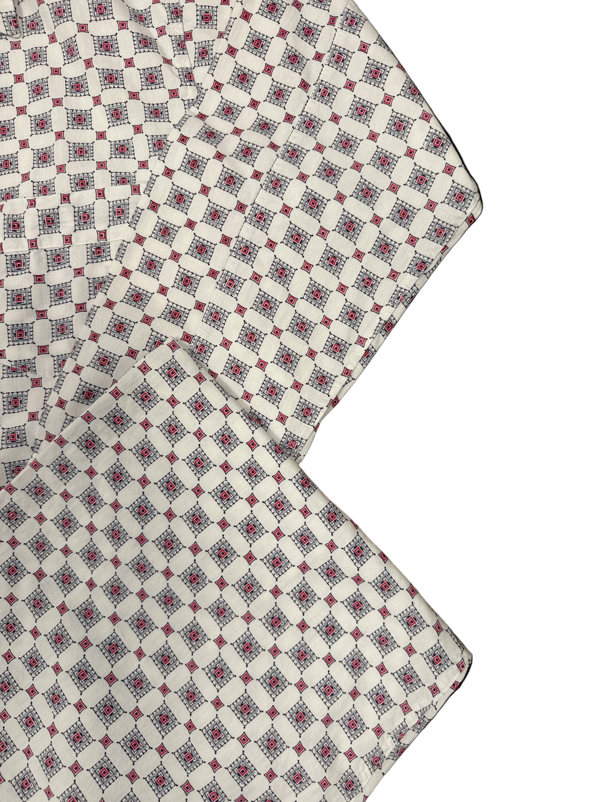 OMJ Vintage MCKENZIE pajama set featuring a geometric tile print in red, grey, and black on a white background.