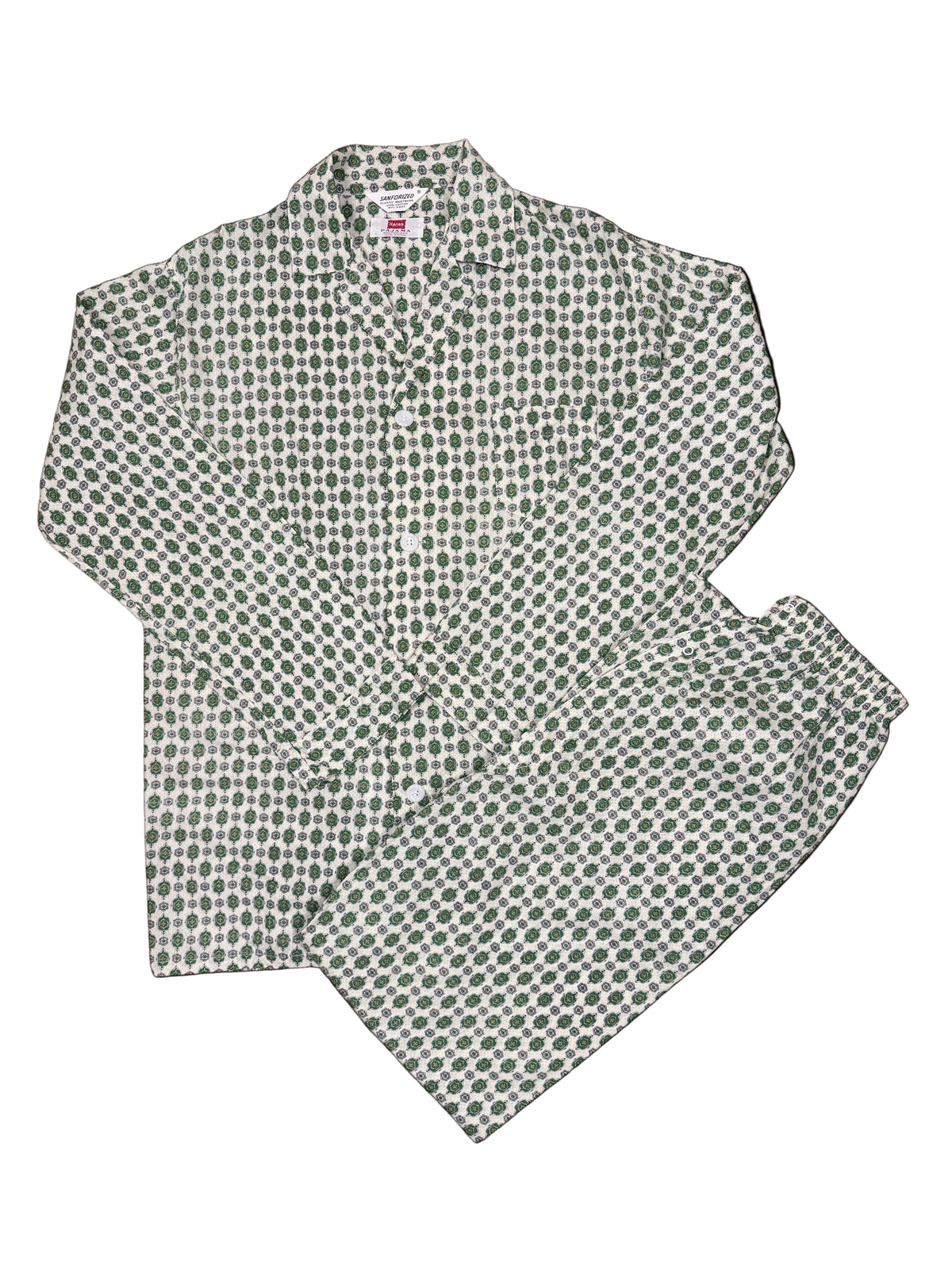 OMJ Vintage Hanes two-piece cotton pajama set in white with a green and yellow geometric pattern.