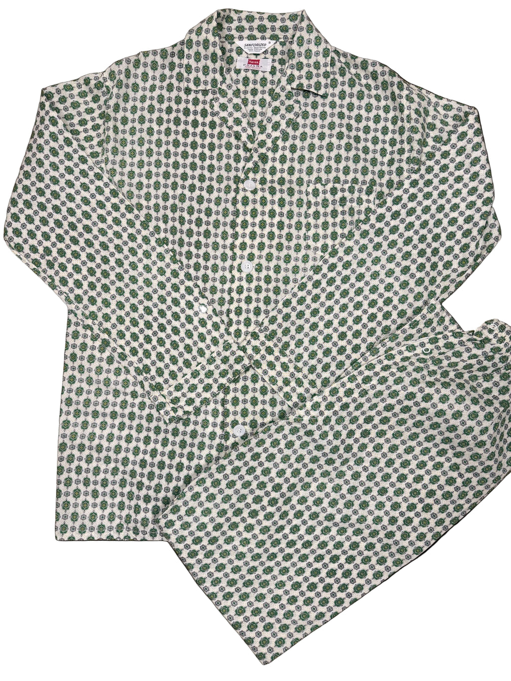 OMJ Vintage Hanes two-piece pajama set in white cotton with a green and yellow geometric pattern and button-down top.