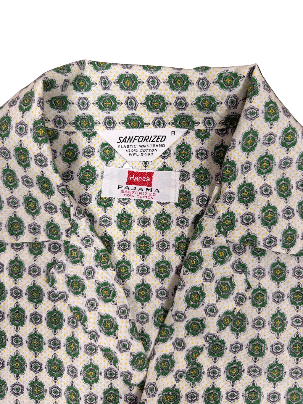 OMJ Vintage Hanes pajama shirt featuring a white cotton fabric with a green and yellow geometric pattern and collar.