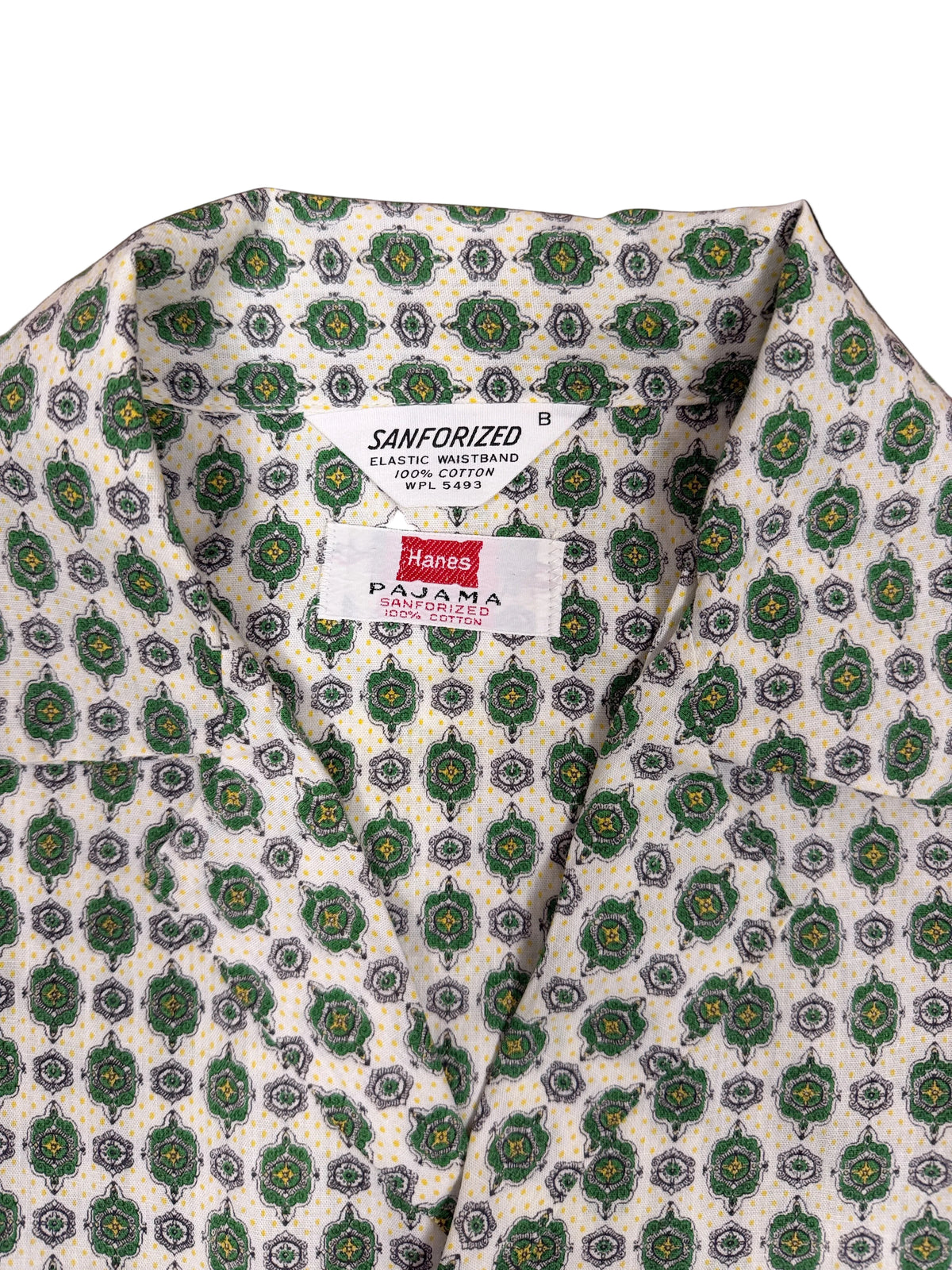 OMJ Vintage Hanes pajama shirt featuring a white cotton fabric with a green and yellow geometric pattern and collar.