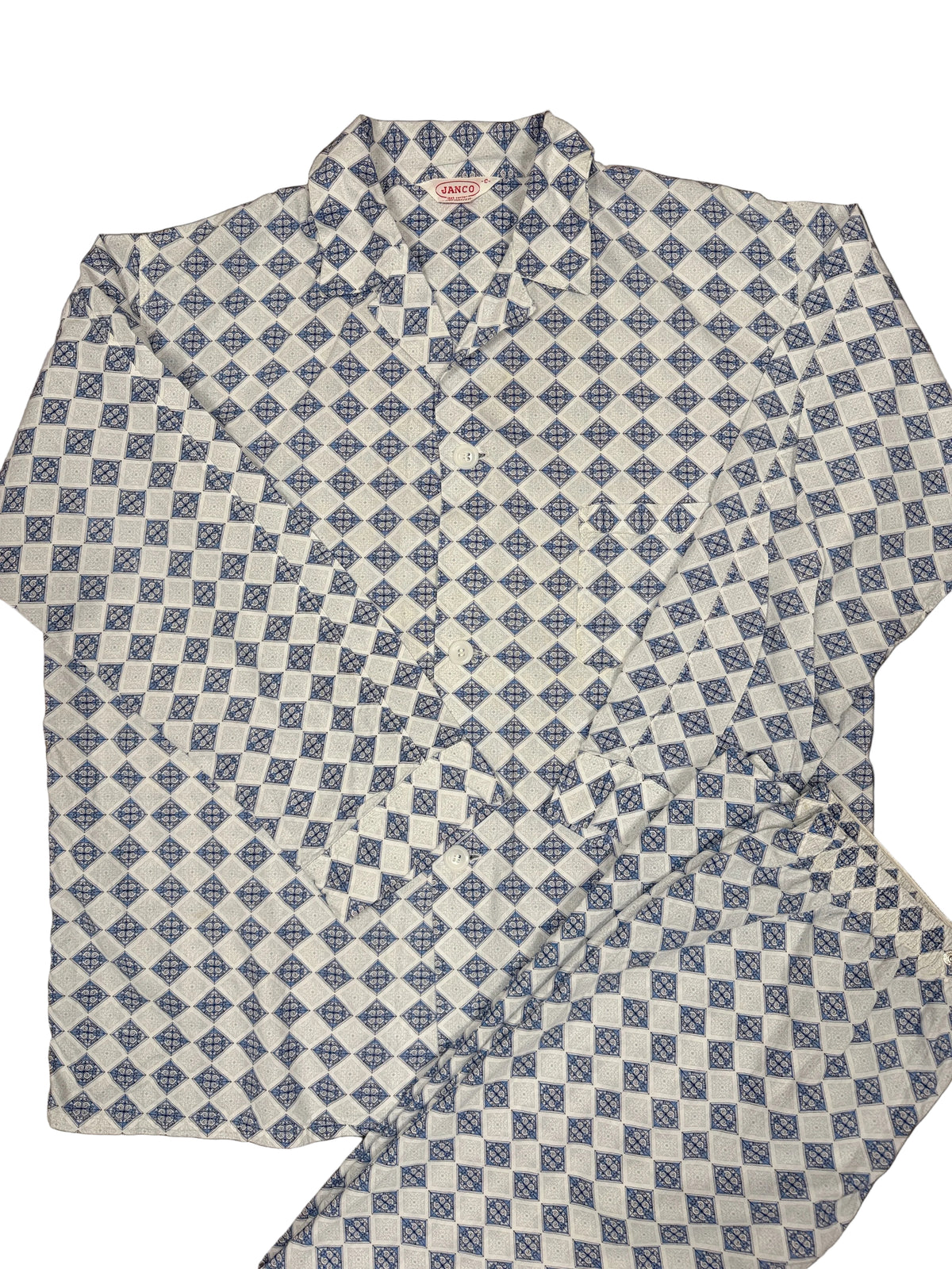 OMJ Vintage JANCO cotton pajama set featuring a blue and white geometric diamond pattern with a button-down shirt.