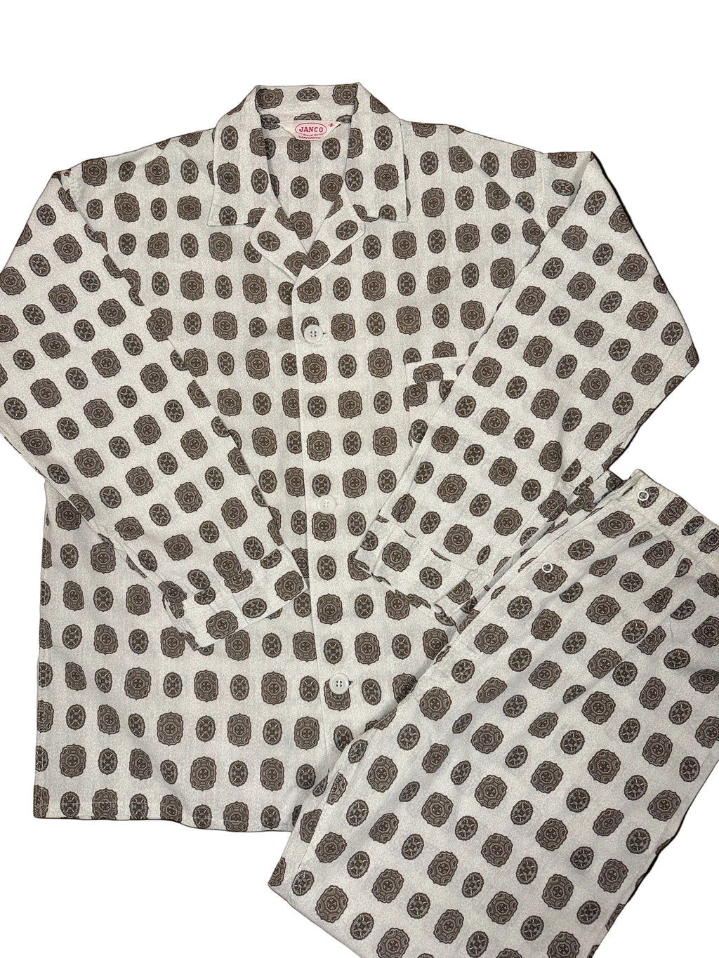 OMJ Vintage JANCO two-piece pajama set in off-white cotton with a brown and slate blue geometric medallion print.