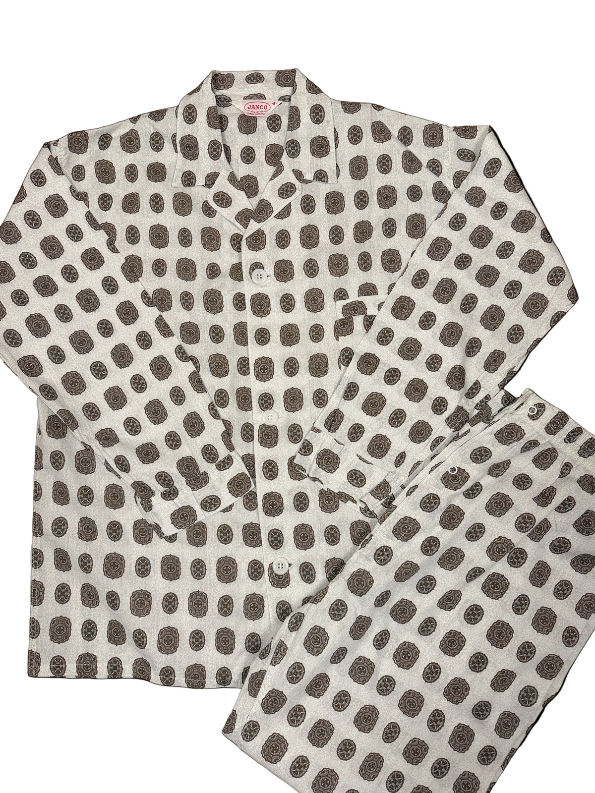 OMJ Vintage JANCO two-piece pajama set in off-white cotton with a brown and slate blue geometric medallion print.