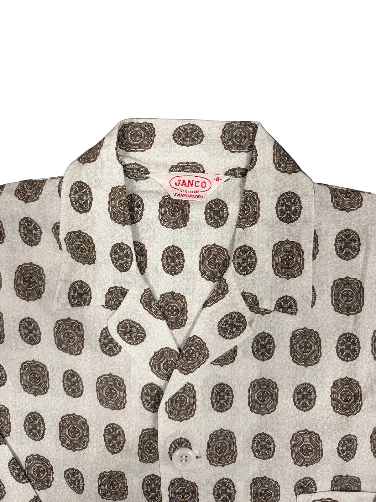 OMJ Vintage JANCO pajama top with a brown and slate blue geometric medallion print on off-white sanforized cotton.