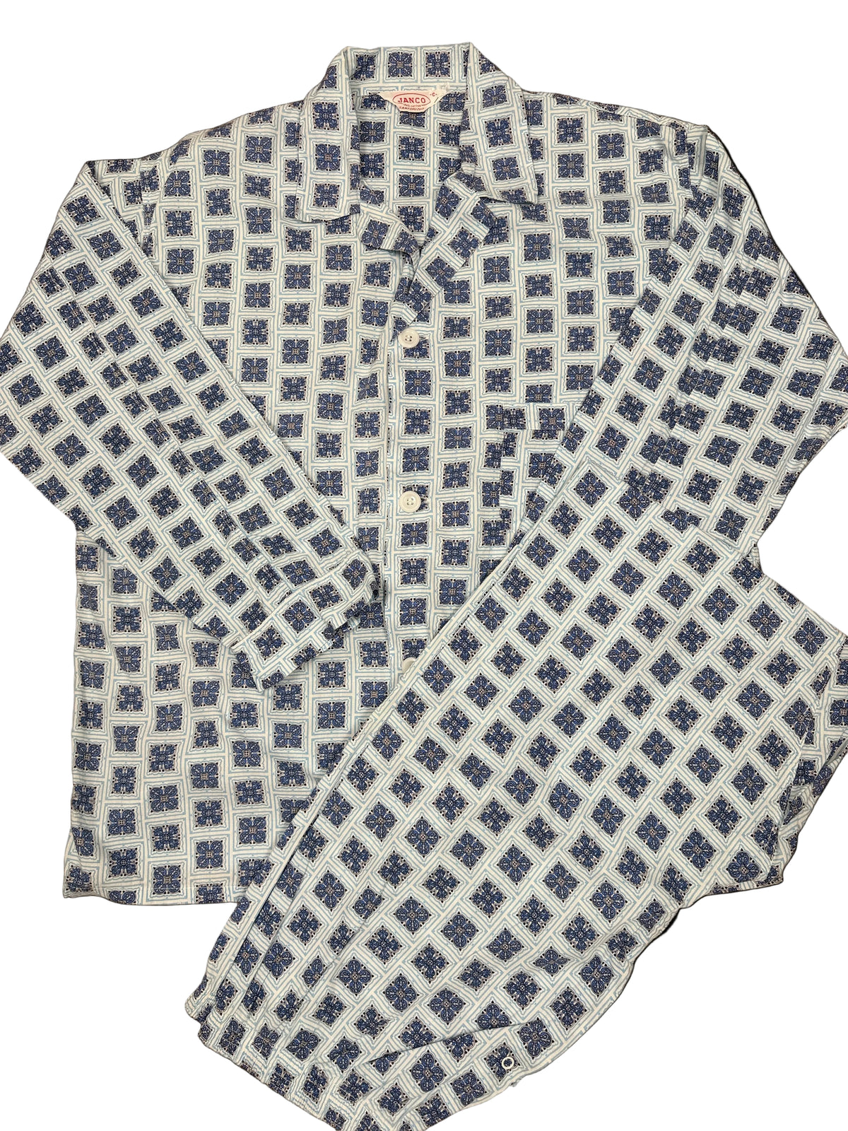 OMJ Vintage JANCO two-piece pajama set in 100% cotton with a blue and white geometric tile print and notched collar.