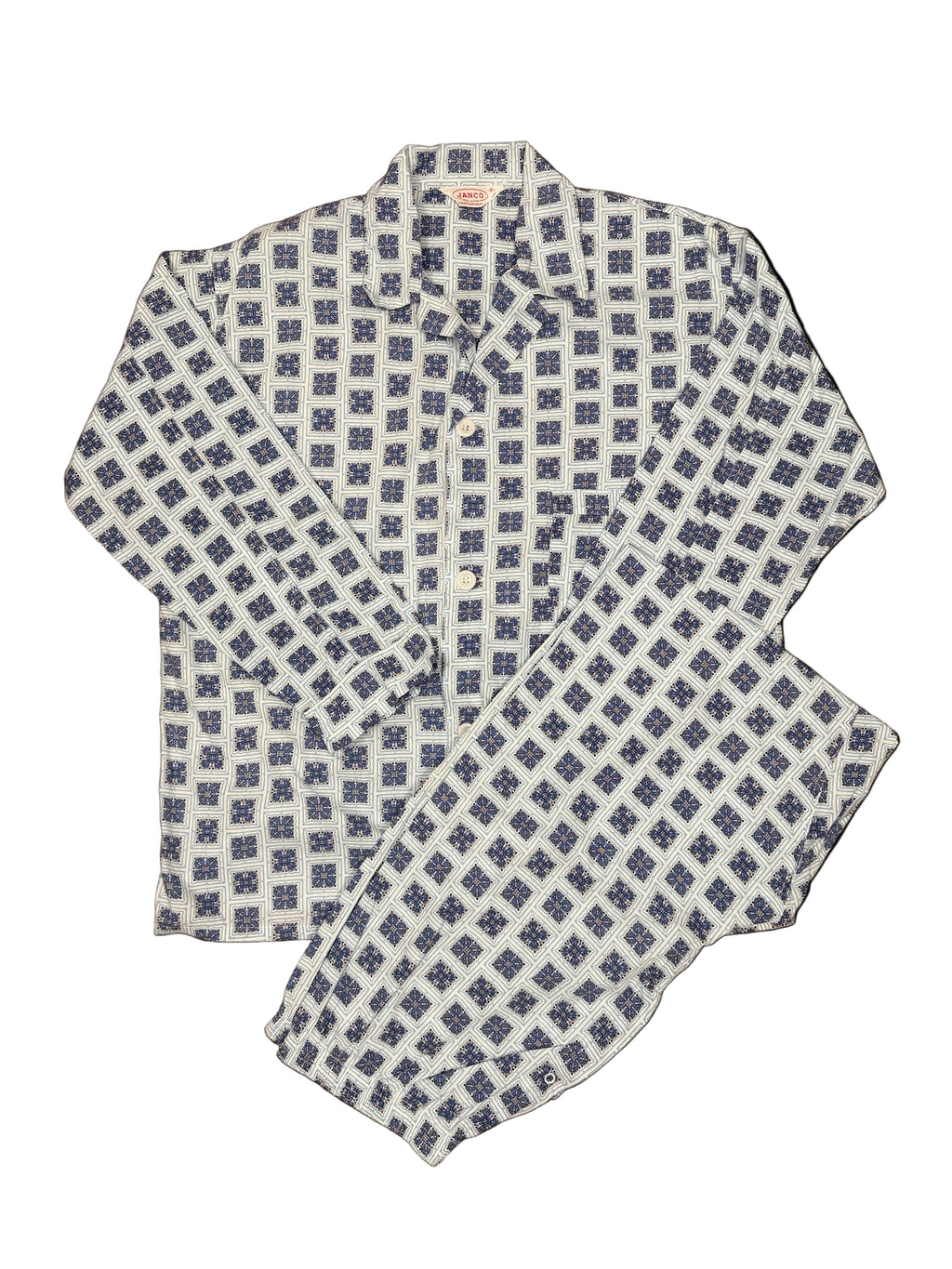 OMJ Vintage JANCO cotton pajama set featuring a blue and white geometric tile print with a button-down notched collar.