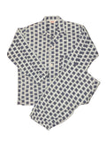 OMJ Vintage JANCO cotton pajama set featuring a blue and white geometric tile print with a button-down notched collar.
