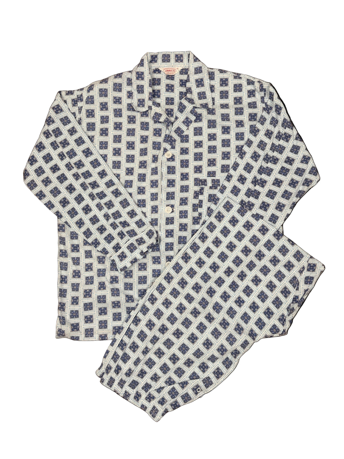 OMJ Vintage JANCO cotton pajama set featuring a blue and white geometric tile print with a button-down notched collar.