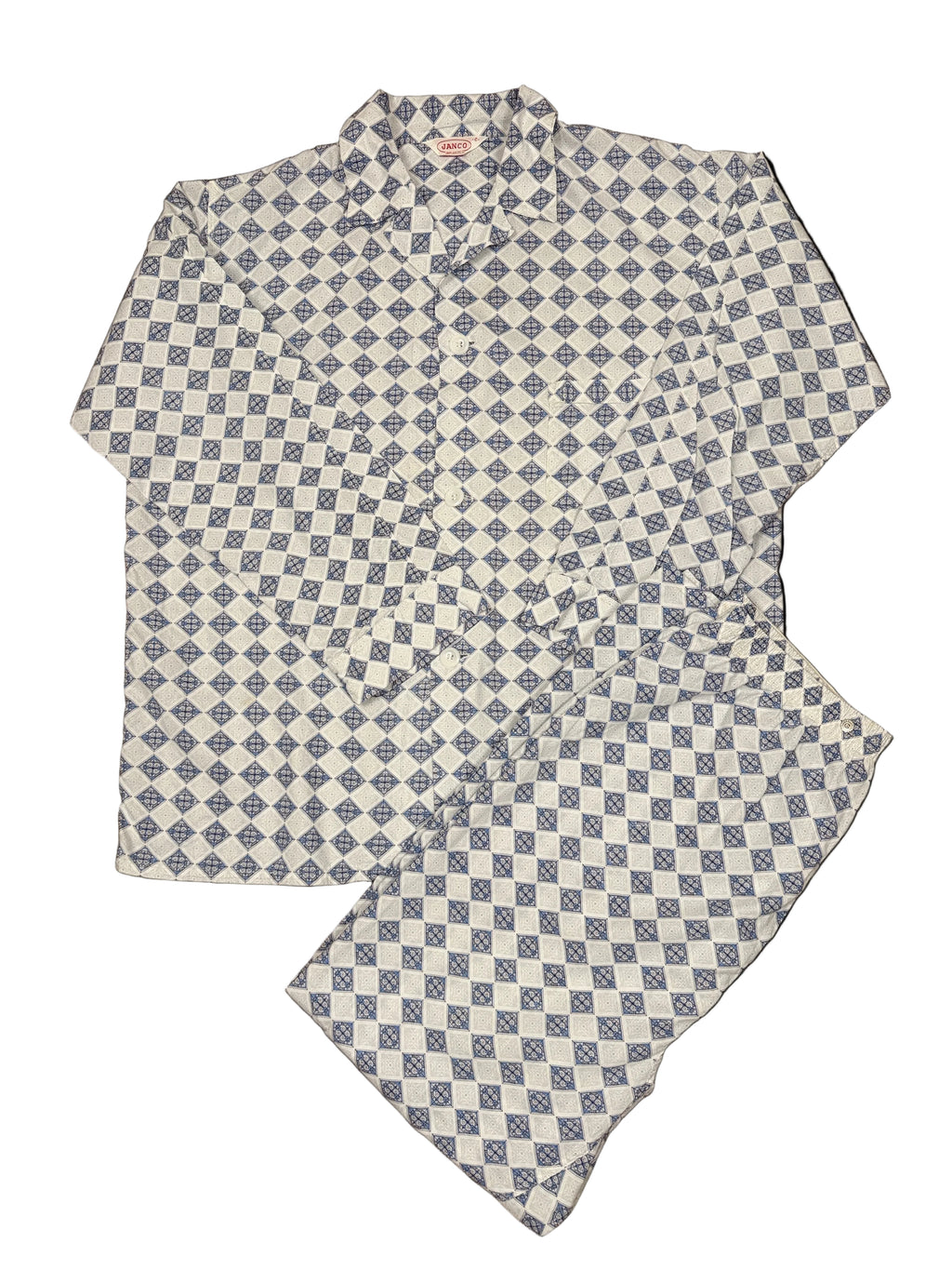 OMJ Vintage JANCO two-piece pajama set in blue and white geometric diamond print cotton with button-down shirt.