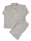 OMJ Vintage JANCO two-piece pajama set in blue and white geometric diamond print cotton with button-down shirt.