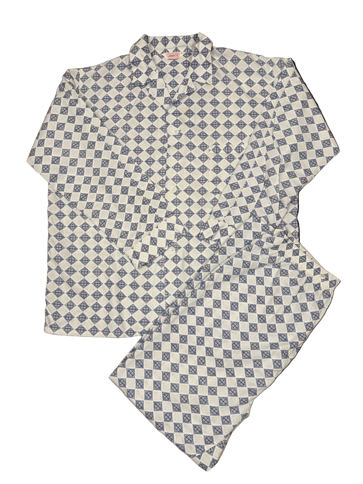 OMJ Vintage JANCO two-piece pajama set in blue and white geometric diamond print cotton with button-down shirt.