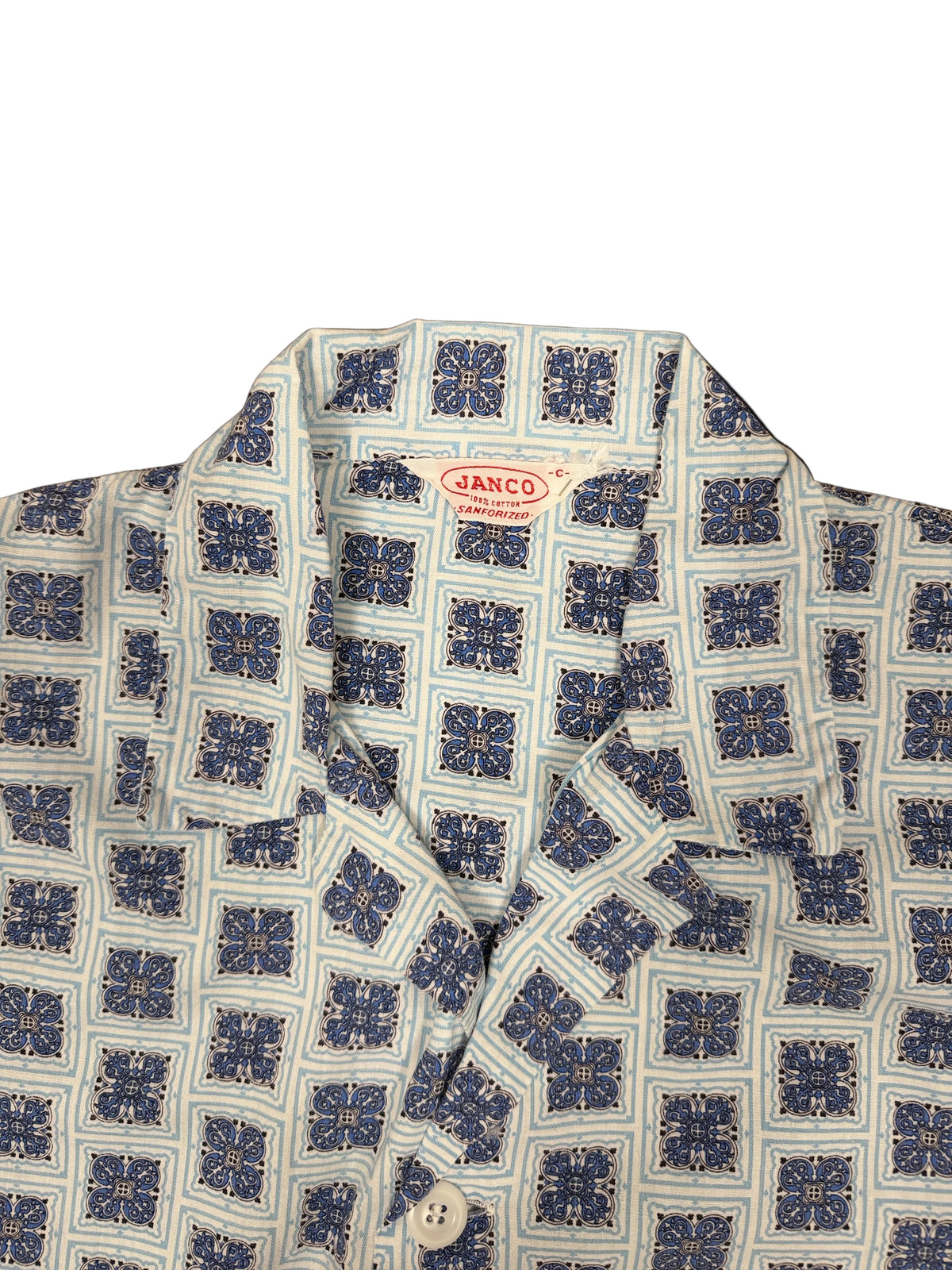 OMJ Vintage JANCO pajama shirt in 100% cotton with a blue and white geometric tile print and notched collar