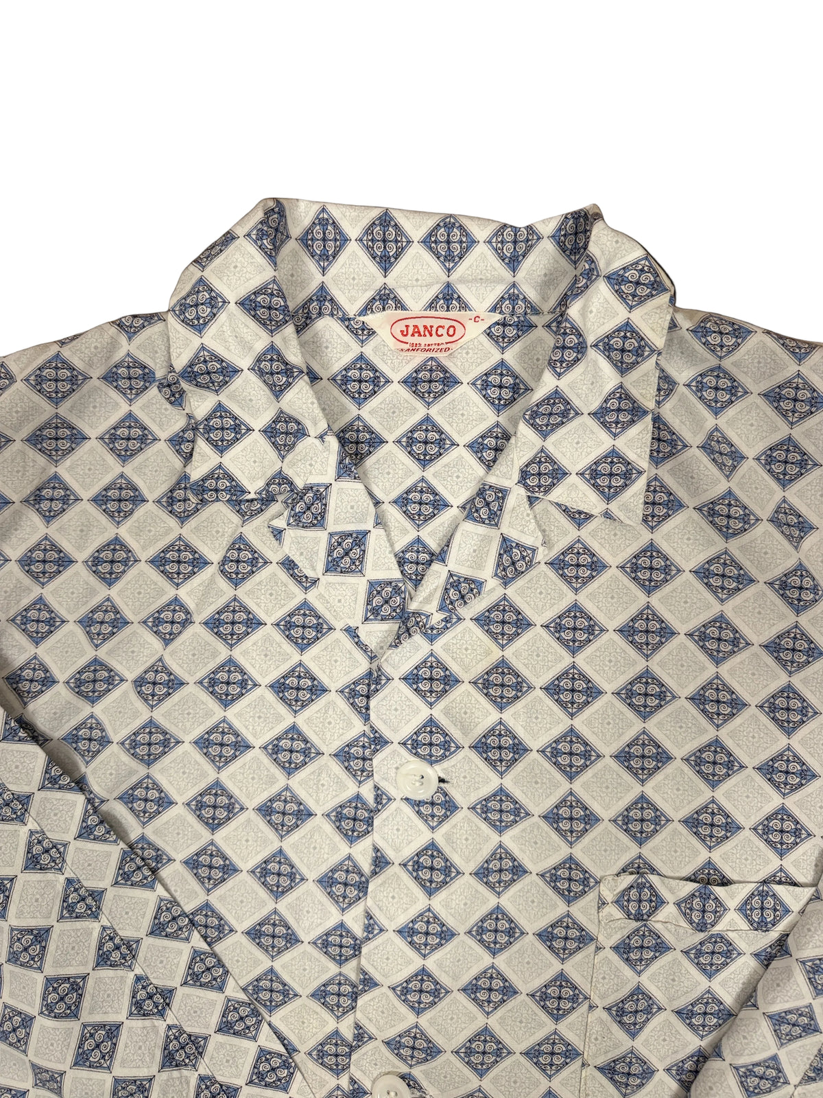 OMJ Vintage JANCO cotton pajama shirt in white and blue with a geometric diamond pattern and notched collar.