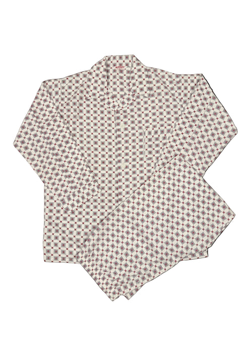 OMJ Vintage MCKENZIE two-piece pajama set featuring a geometric tile print in red, grey, and black on white fabric.
