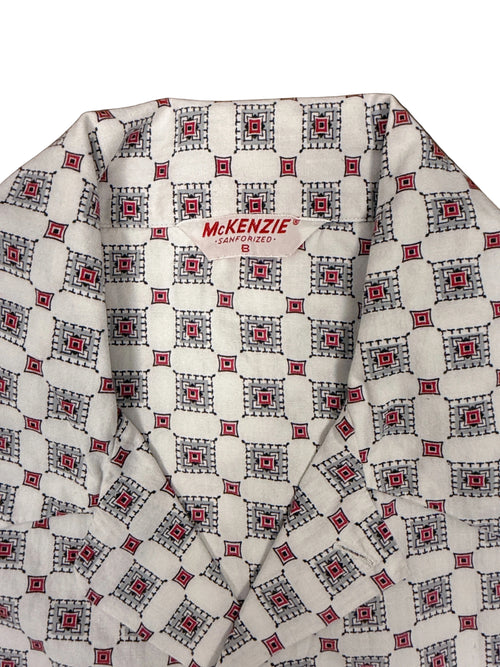 OMJ Vintage MCKENZIE pajama shirt with a white, red, grey, and black geometric tile print and notched collar.