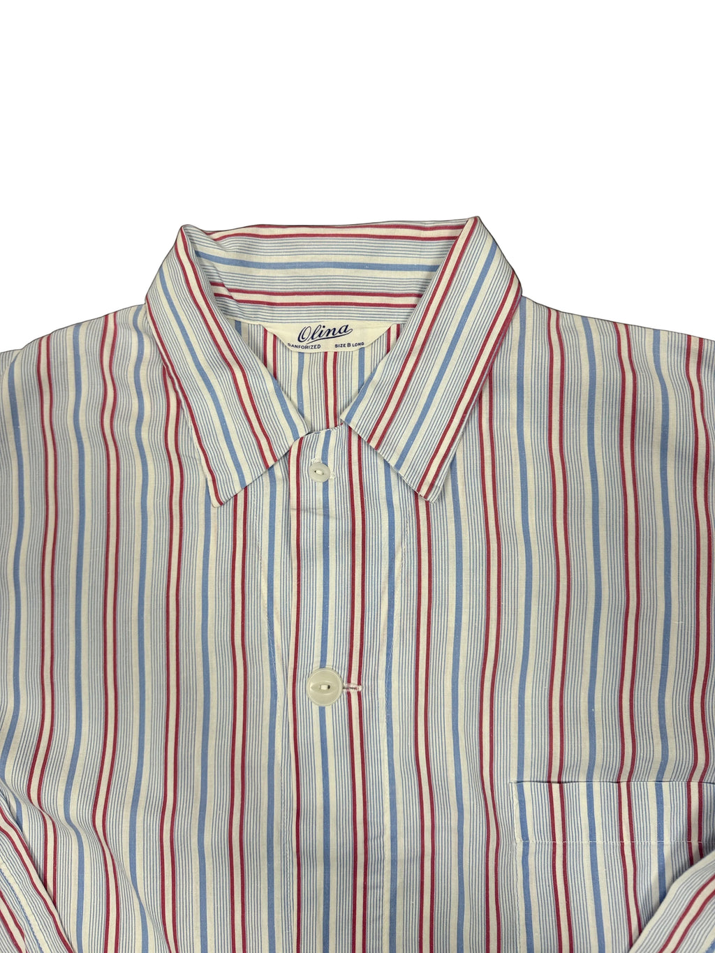 OMJ Vintage Olina pajama top featuring a white base with red and blue vertical stripes, collar, and button-down front.