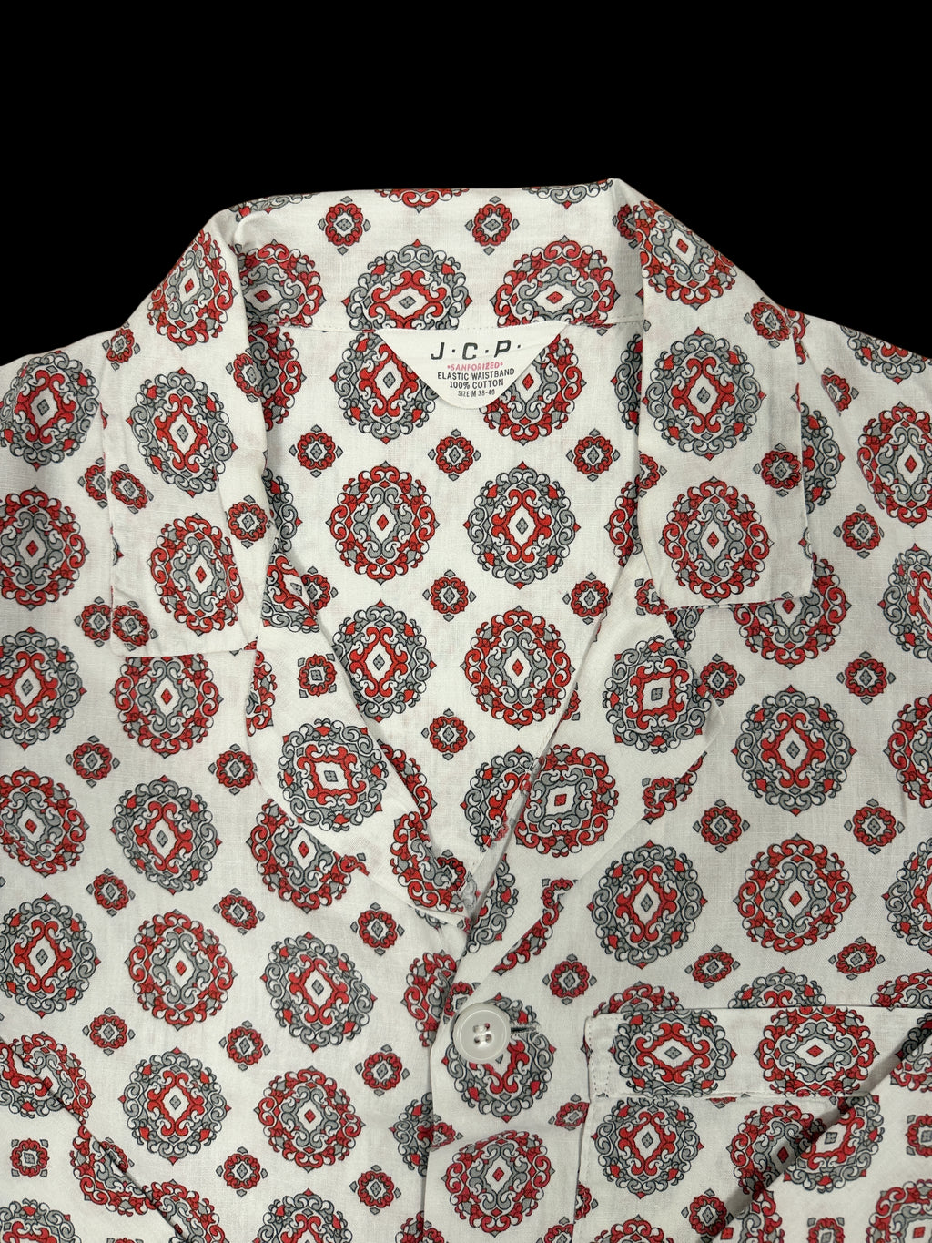 OMJ Vintage cotton pajama top with a red, slate grey, and white geometric medallion print and notched collar.
