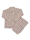 OMJ Vintage cotton pajama set featuring a red, slate grey, and white geometric medallion print with a notched collar.