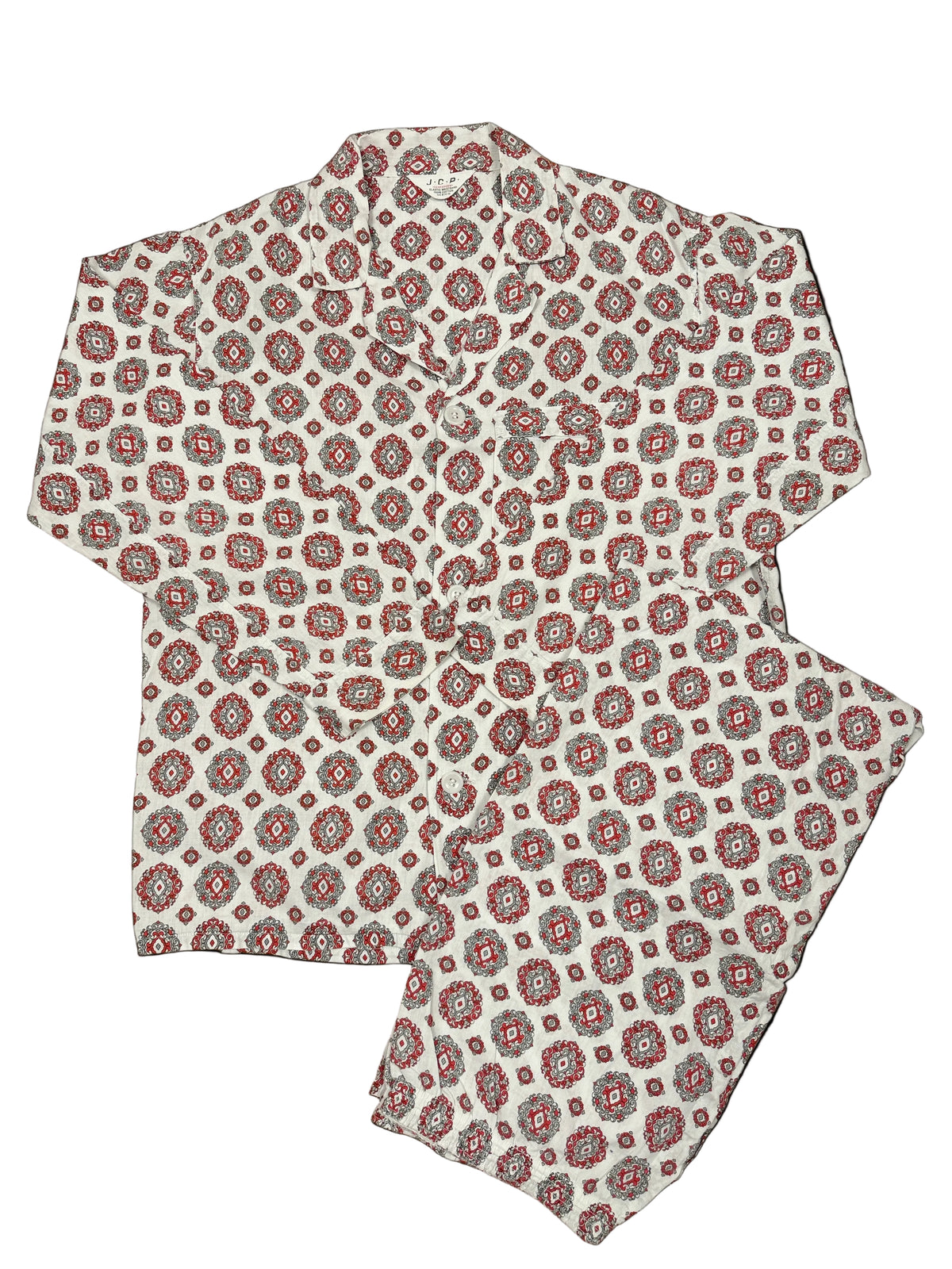 OMJ Vintage cotton pajama set featuring a geometric medallion print in deep red, slate grey, and white.