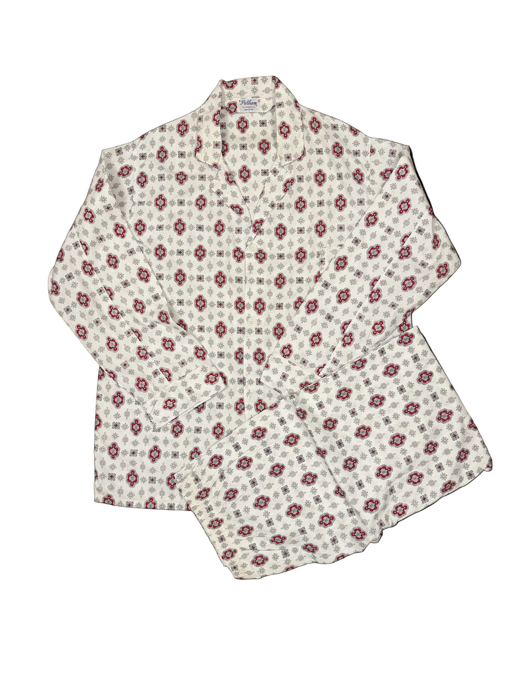 OMJ Vintage Pelham pajama set in 100% cotton with a red, black, and white geometric print and notch collar top.