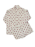OMJ Vintage Pelham pajama set in 100% cotton with a red, black, and white geometric print and notch collar top.
