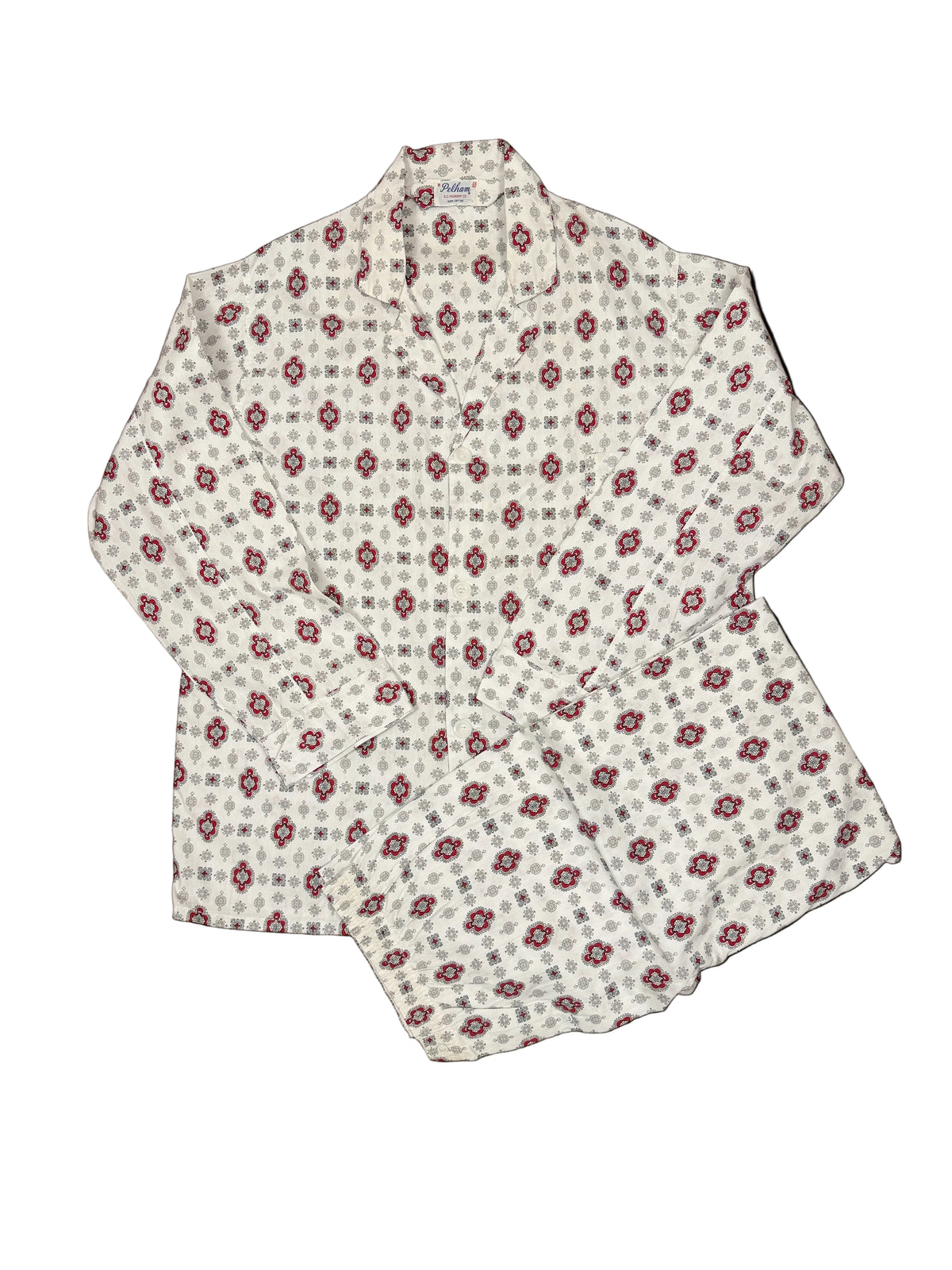OMJ Vintage Pelham pajama set in 100% cotton with a red, black, and white geometric print and notch collar top.