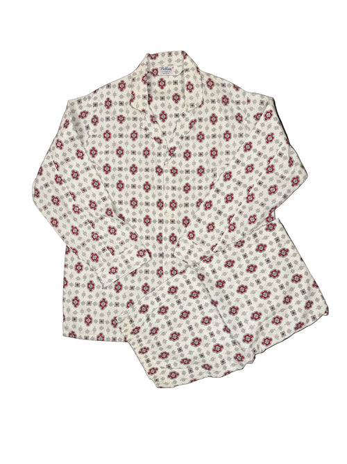 OMJ Vintage Pelham pajama set in 100% cotton with a red, black, and white geometric print and notch collar top.