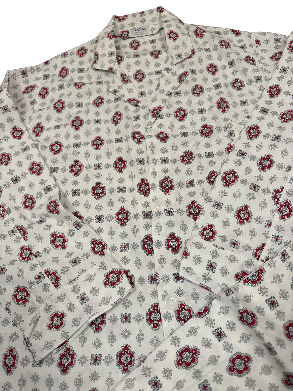 OMJ Vintage Pelham pajama set featuring a white cotton button-down shirt with a red and black geometric pattern.