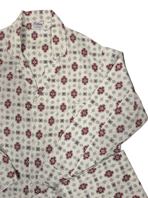 OMJ Vintage Pelham pajama top in white cotton with a red and black geometric pattern and notch collar.