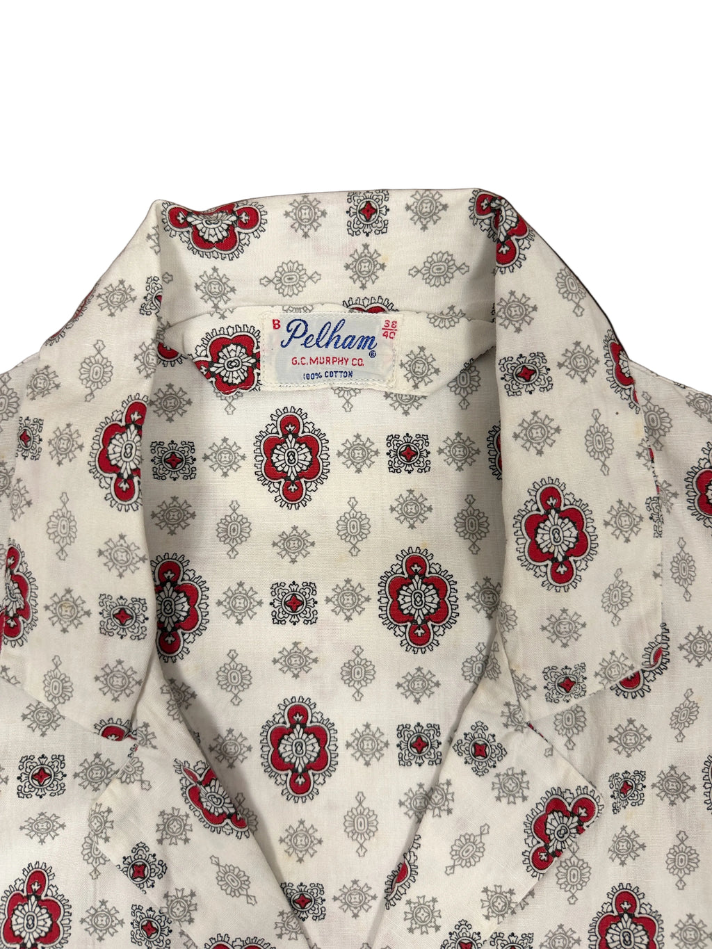 OMJ Vintage Pelham pajama top with a white, red, and black geometric pattern and a classic notch collar