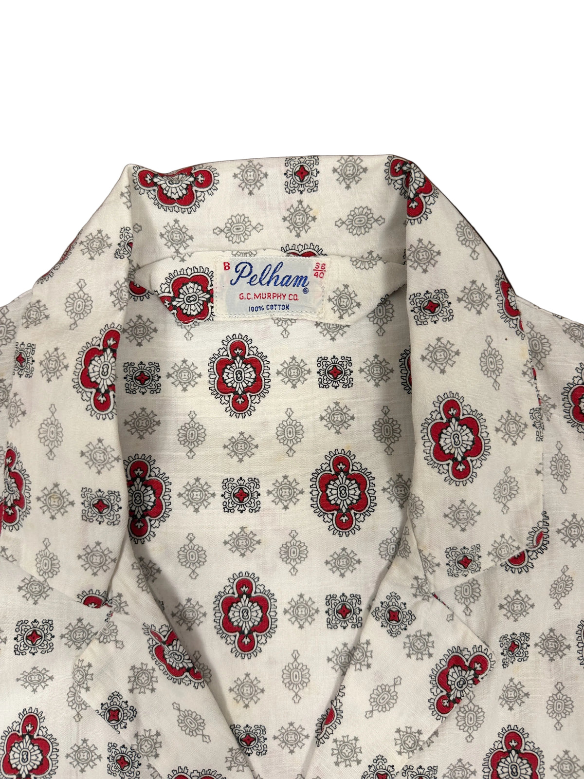 OMJ Vintage Pelham pajama top with a white, red, and black geometric pattern and a classic notch collar