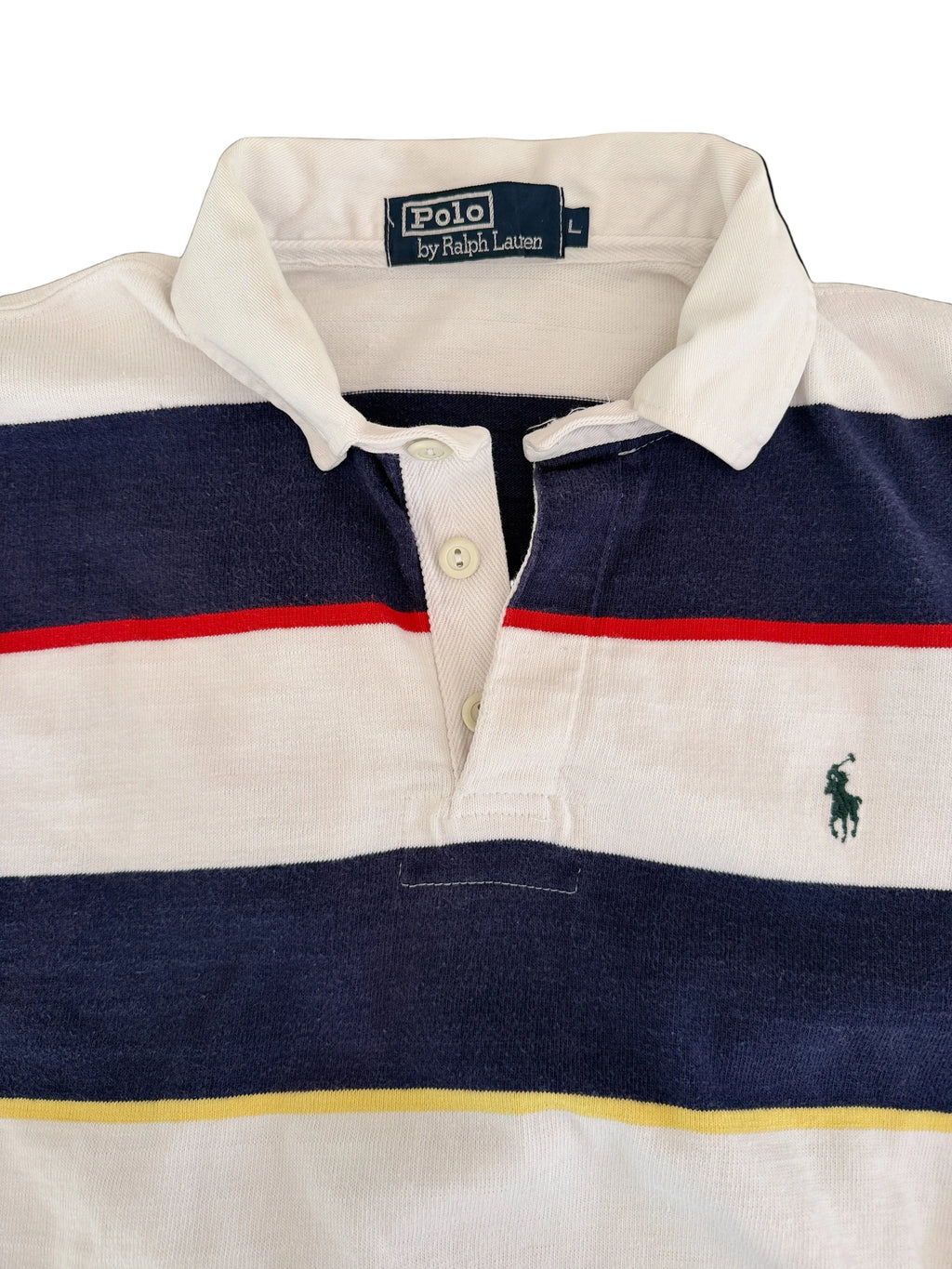 OMJ Vintage Polo by Ralph Lauren rugby shirt with navy, white, red, and yellow stripes and embroidered pony logo