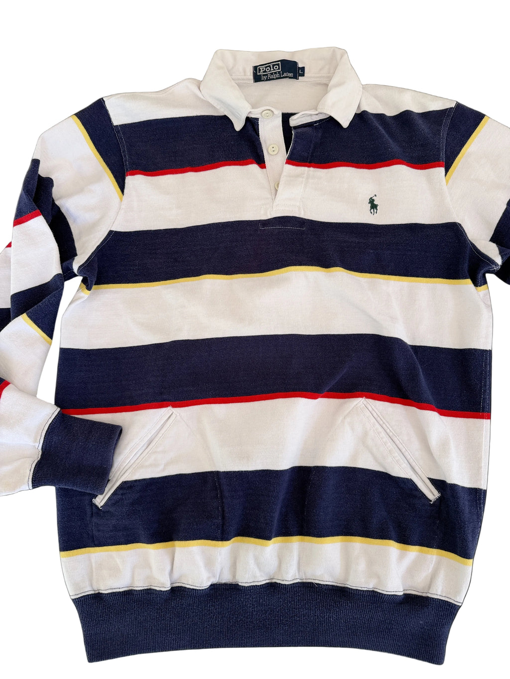OMJ Vintage Polo by Ralph Lauren striped rugby shirt with kangaroo pocket, navy, white, red, and yellow cotton.