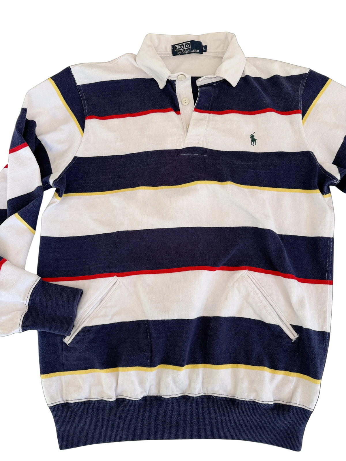 OMJ Vintage Polo by Ralph Lauren striped rugby shirt with kangaroo pocket, navy, white, red, and yellow cotton.