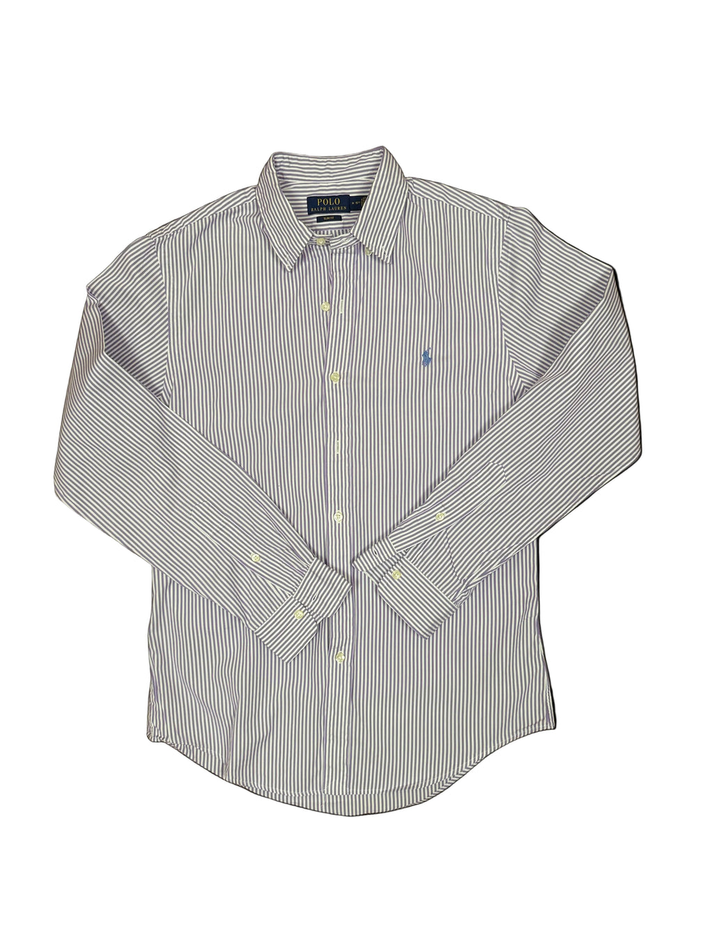OMJ Vintage Polo Ralph Lauren purple and white vertical striped long sleeve button down shirt with embroidered logo