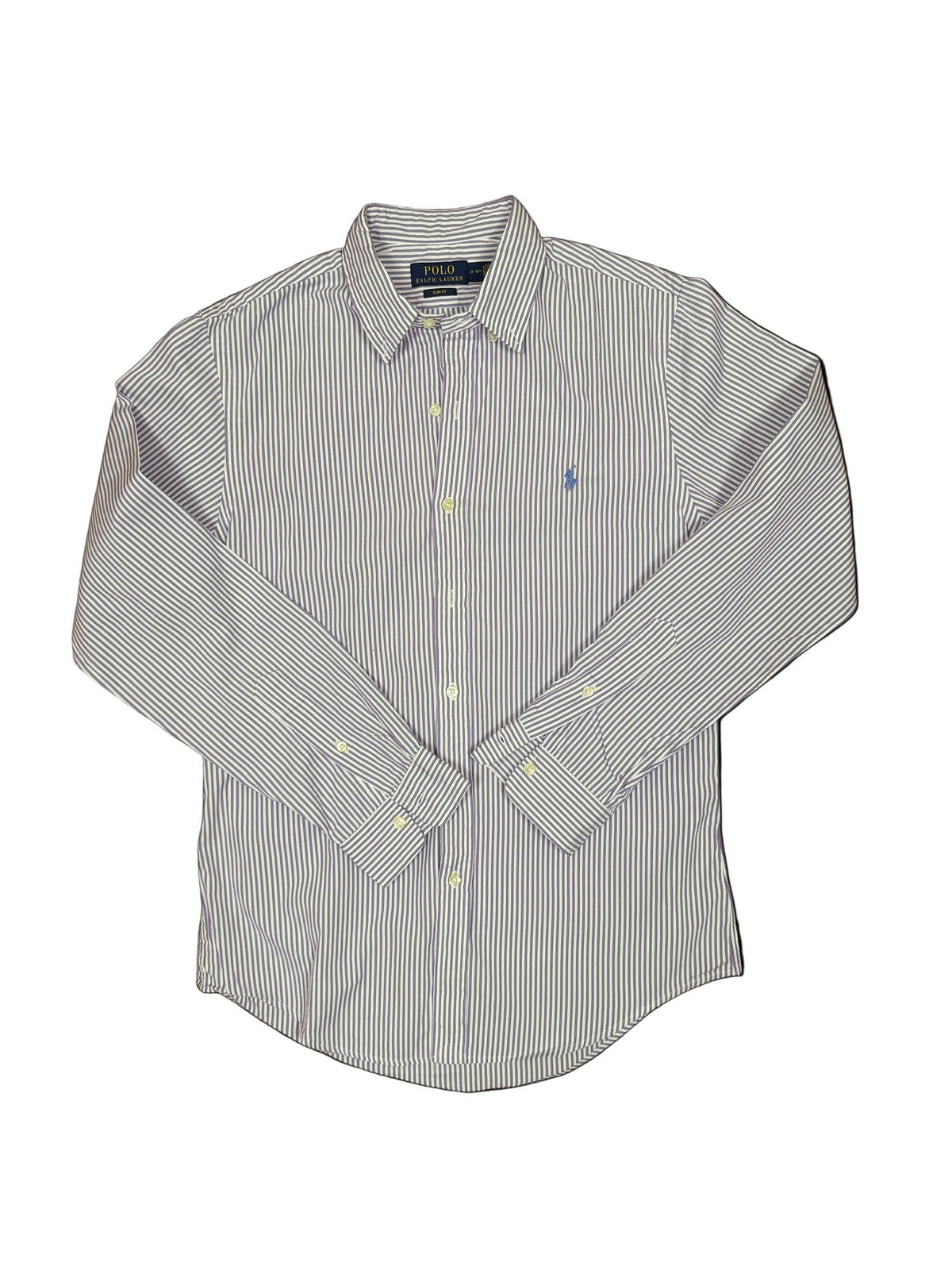 OMJ Vintage Polo Ralph Lauren purple and white vertical striped long sleeve button down shirt with embroidered logo
