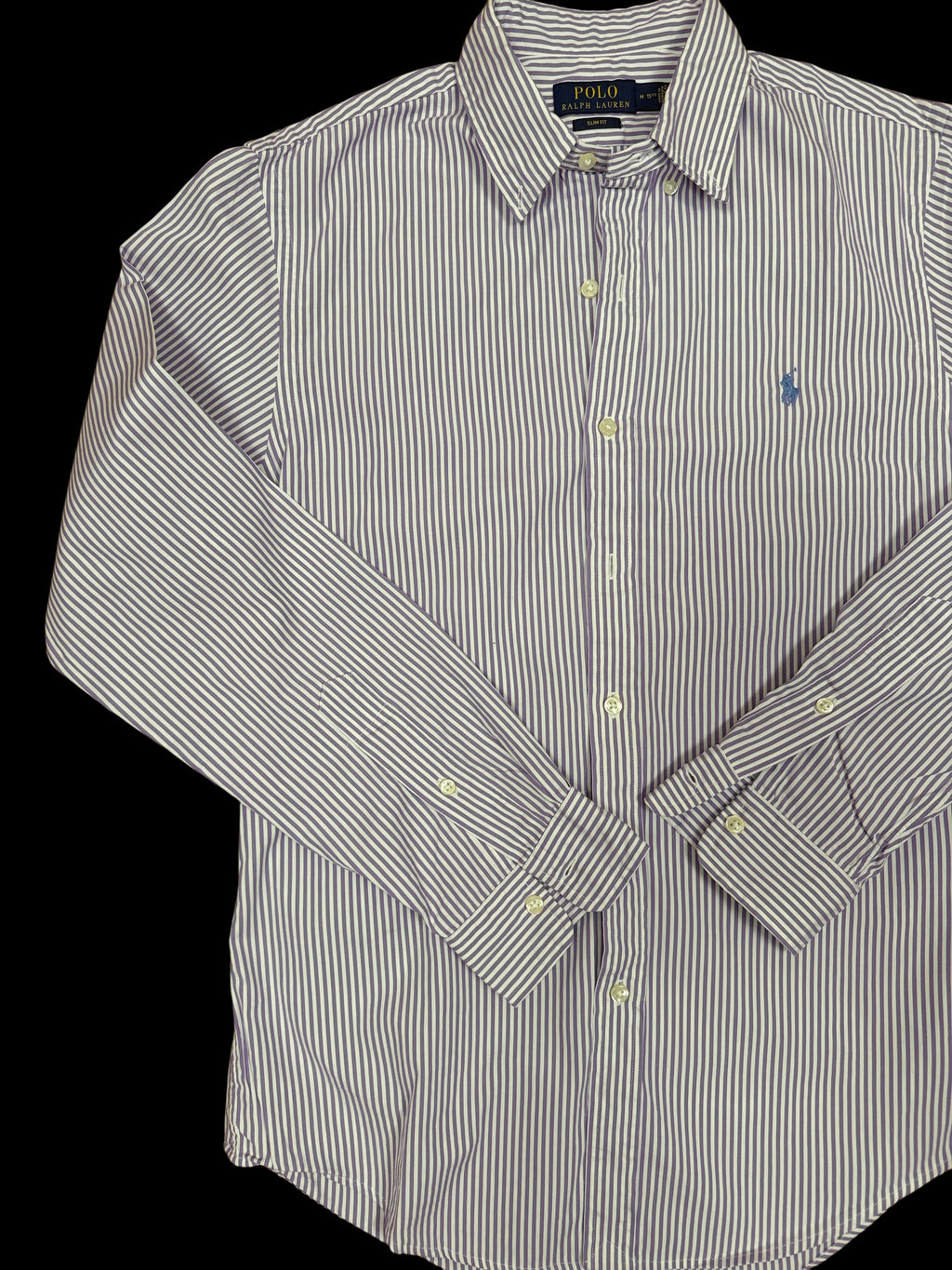 OMJ Vintage Polo Ralph Lauren slim fit button-down shirt in purple and white vertical stripes with embroidered logo