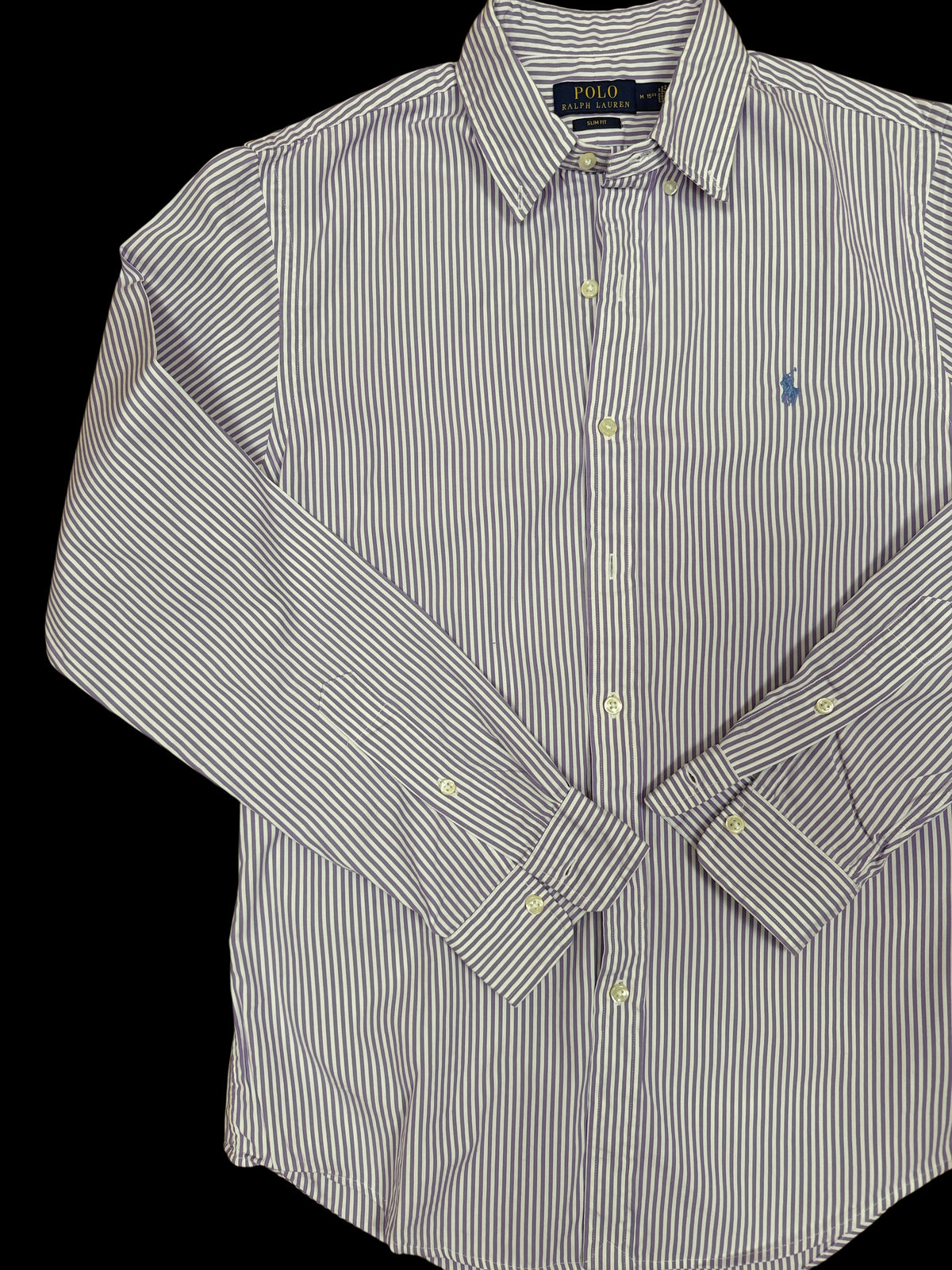 OMJ Vintage Polo Ralph Lauren slim fit button-down shirt in purple and white vertical stripes with embroidered logo