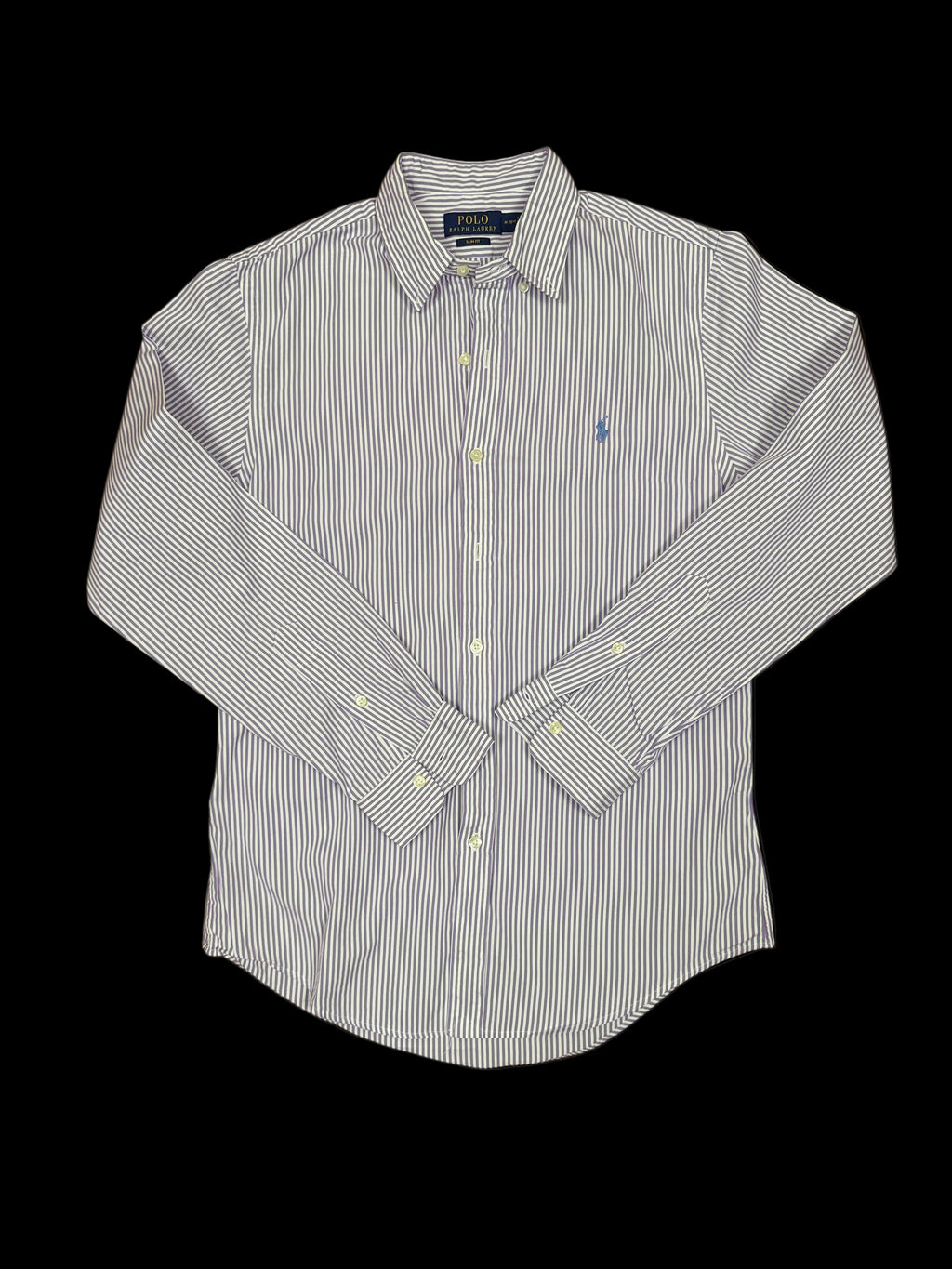 OMJ Vintage Polo Ralph Lauren long sleeve button down shirt in purple and white vertical stripes with embroidered logo