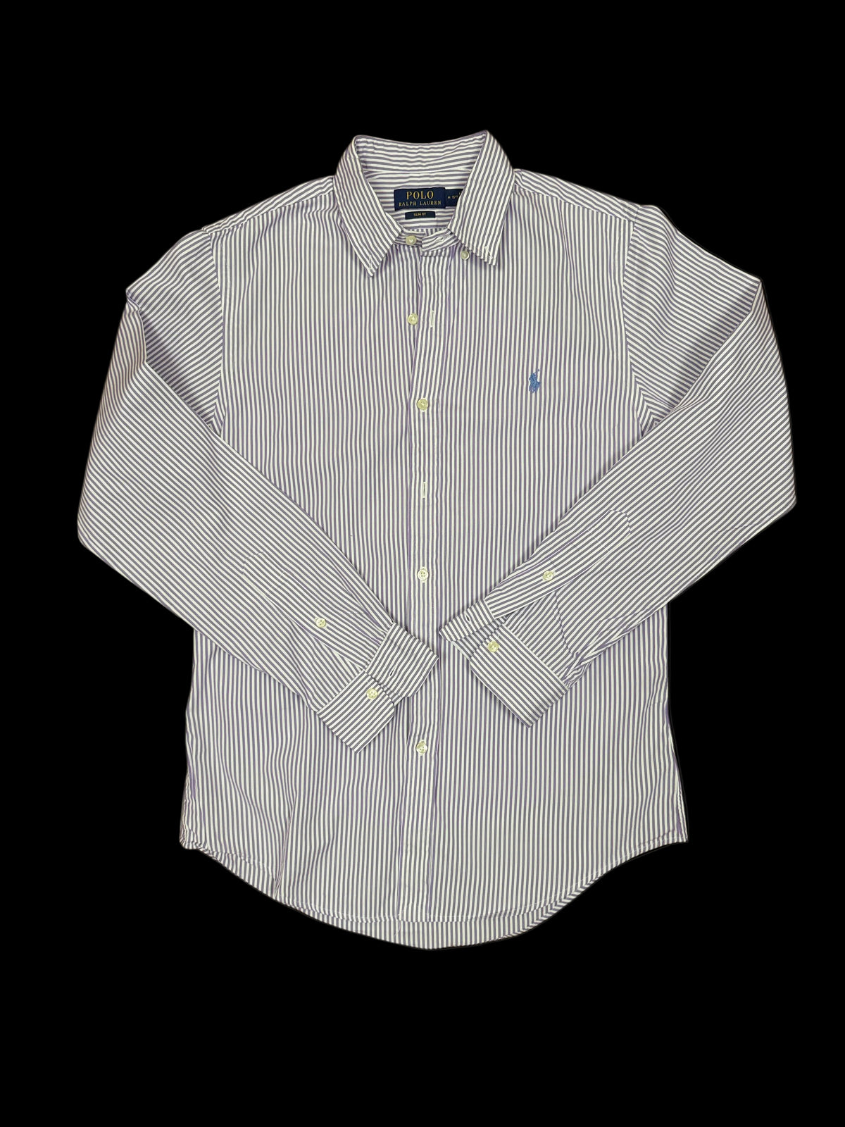 OMJ Vintage Polo Ralph Lauren long sleeve button down shirt in purple and white vertical stripes with embroidered logo