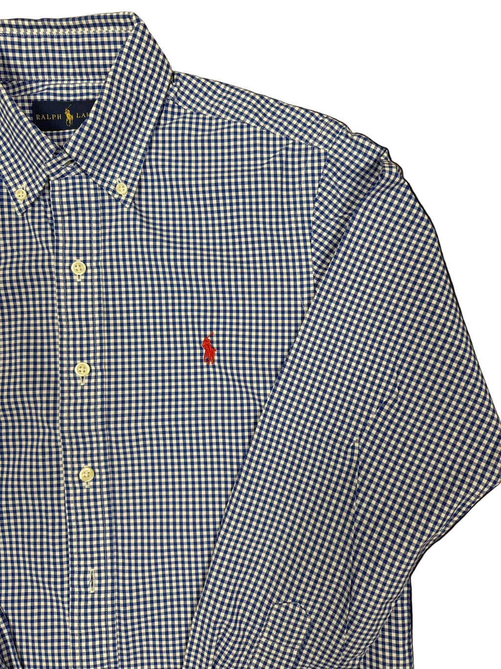 OMJ Vintage Ralph Lauren blue and white gingham cotton button-down shirt with red embroidered pony logo